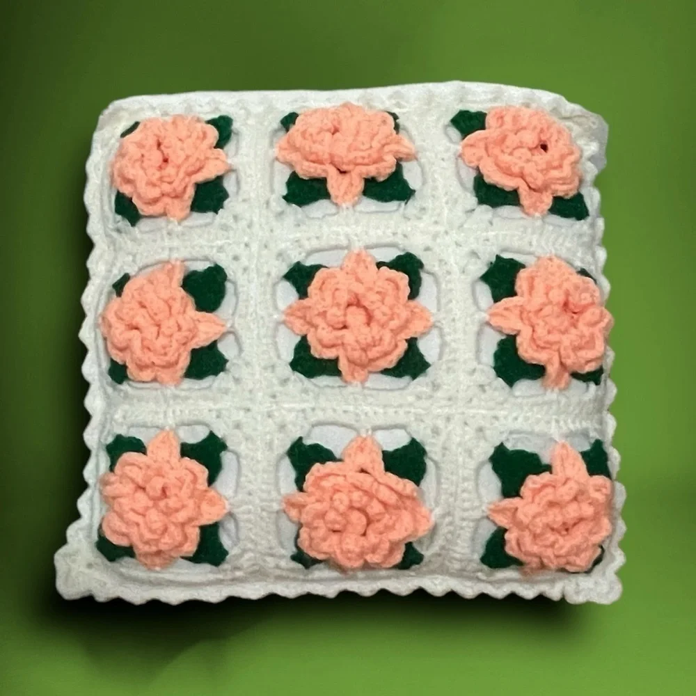 Handcrafted Crocheted White with Peach Roses Throw Pillow